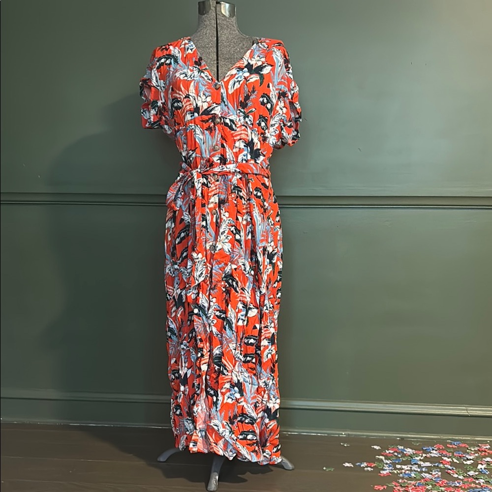 Floral V-Neck Maxi Dress - orange and blue. Full button down. Nursing friendly